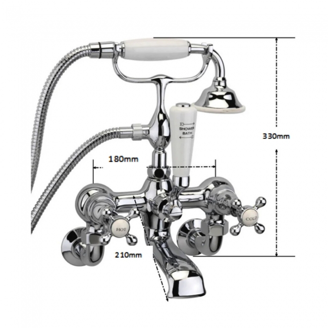 Sagittarius Kensington Deluxe Bath Shower Mixer Tap with Shower Kit Wall Mounted - Chrome/White