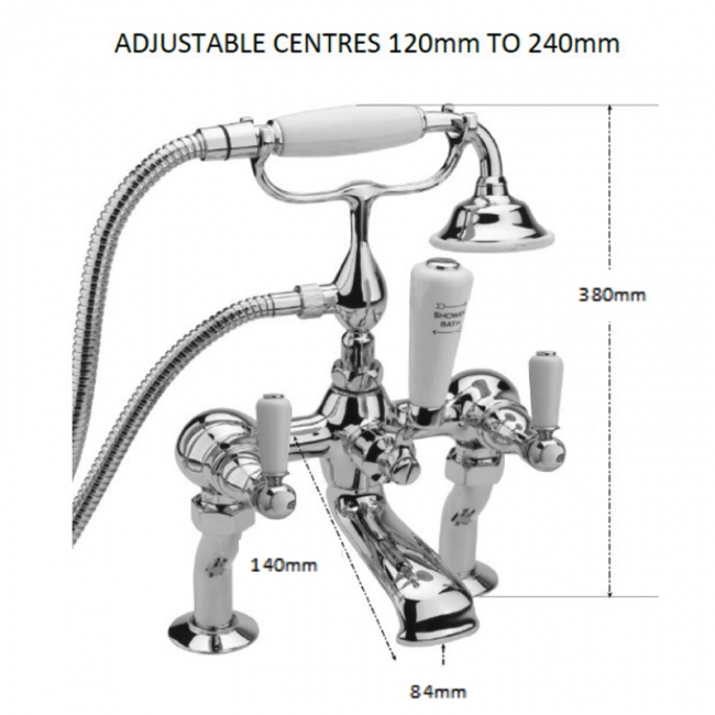 Sagittarius Kensington Lever Bath Shower Mixer Tap with Shower Kit Pillar Mounted - Chrome/White  | Dimension Image