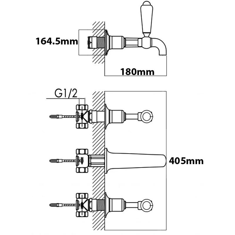 Sagittarius Kensington Lever 3-Hole Basin Mixer Tap Wall Mounted - Chrome/White  | Dimension Image