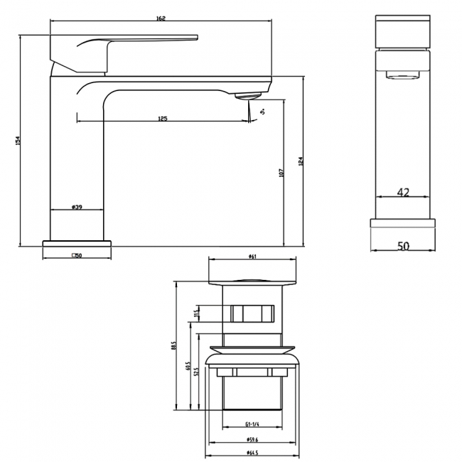 Sagittarius Kvell Monobloc Basin Mixer Tap with Sprung Waste - Chrome  | Dimension Image