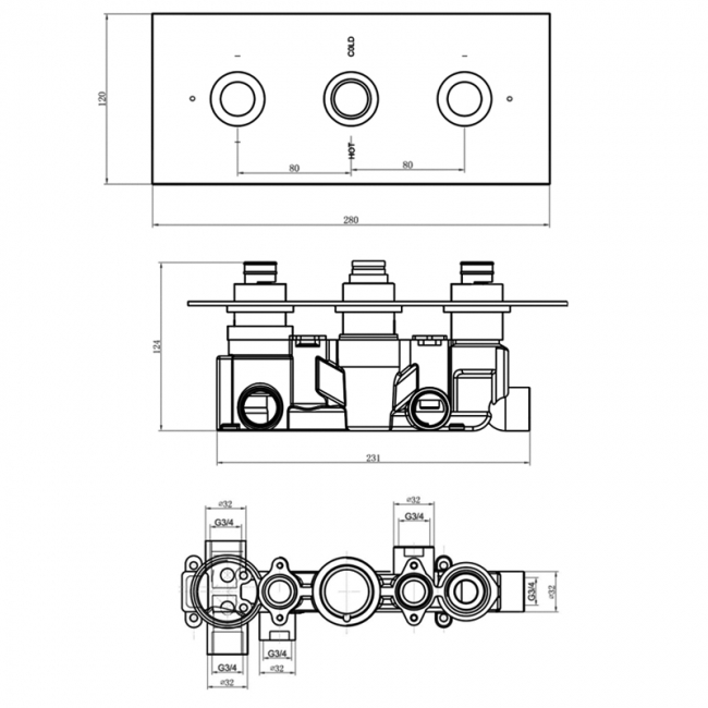 Sagittarius Latina Thermostatic Concealed Shower Valve with 3-Way Diverter Triple Handle - Chrome  | Dimension Image