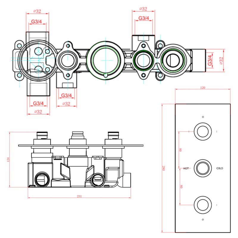 Sagittarius Livorno Thermostatic Concealed Shower Valve with 3 way Diverter - Chrome  | Dimension Image