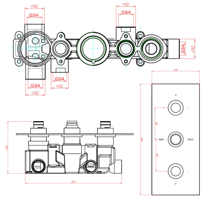Sagittarius Oveta Concealed Shower Valve with 3-Way Diverter Triple Handle - Chrome