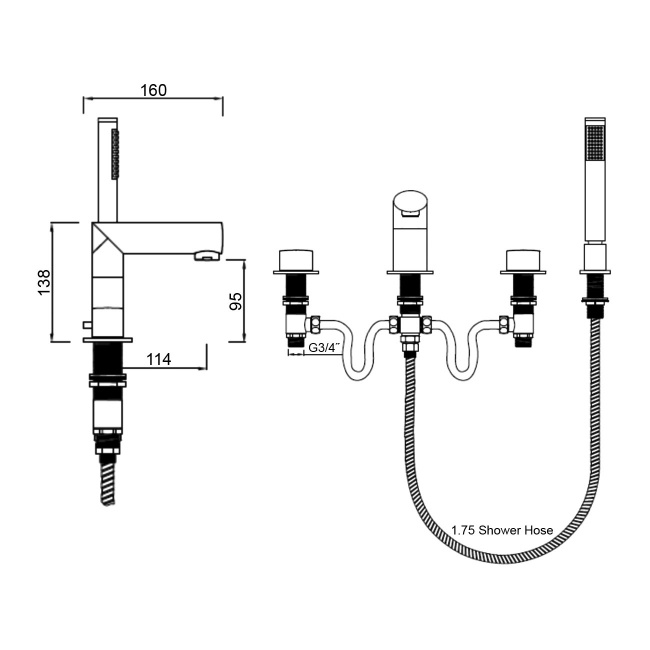 Sagittarius Oveta 4-Hole Bath Shower Mixer Tap Pillar Mounted - Chrome  | Dimension Image