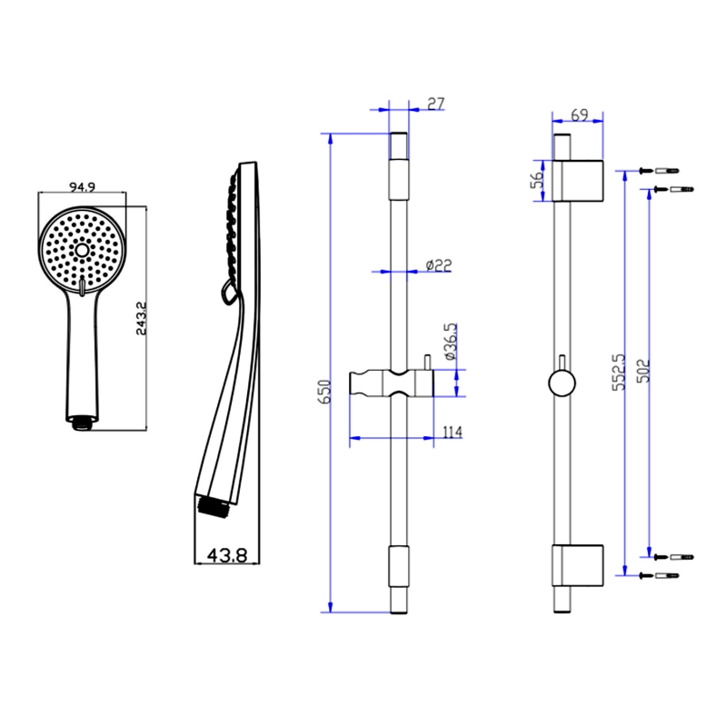 Sagittarius Pescara Adjustable Three Function Shower Slide Rail Kit - Chrome
