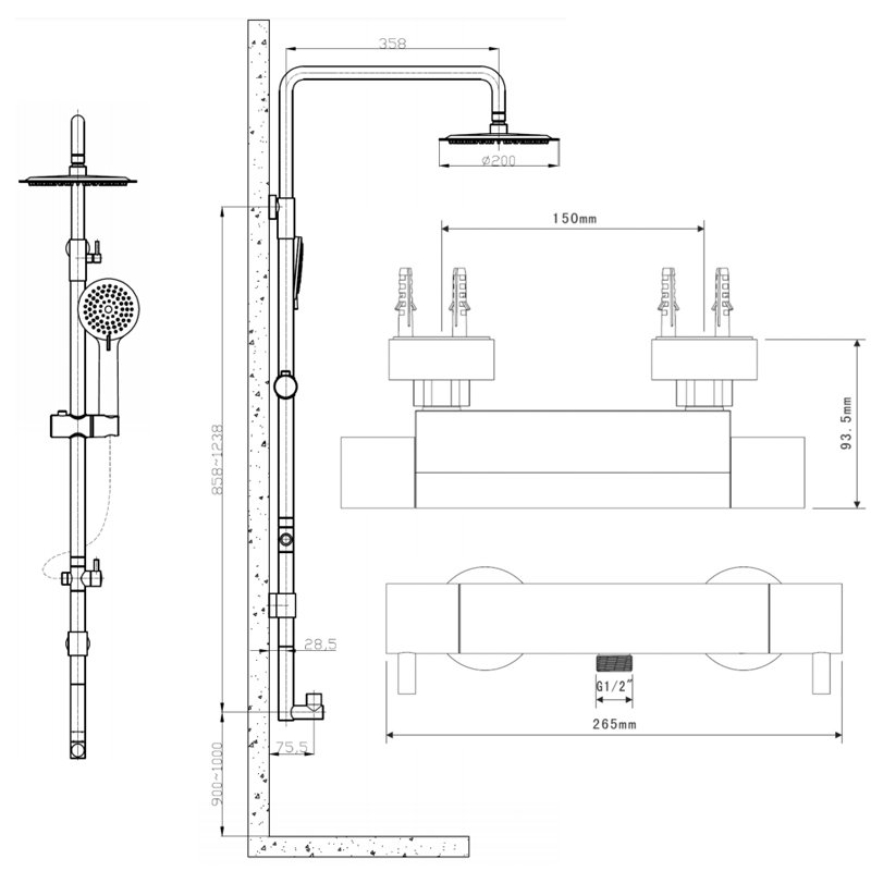 Sagittarius Piazza Bar Shower Mixer with Shower Kit + Fixed Head - Chrome