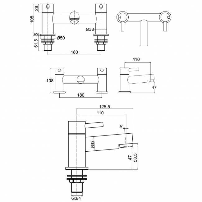 Sagittarius Piazza Bath Filler Tap Pillar Mounted - Chrome