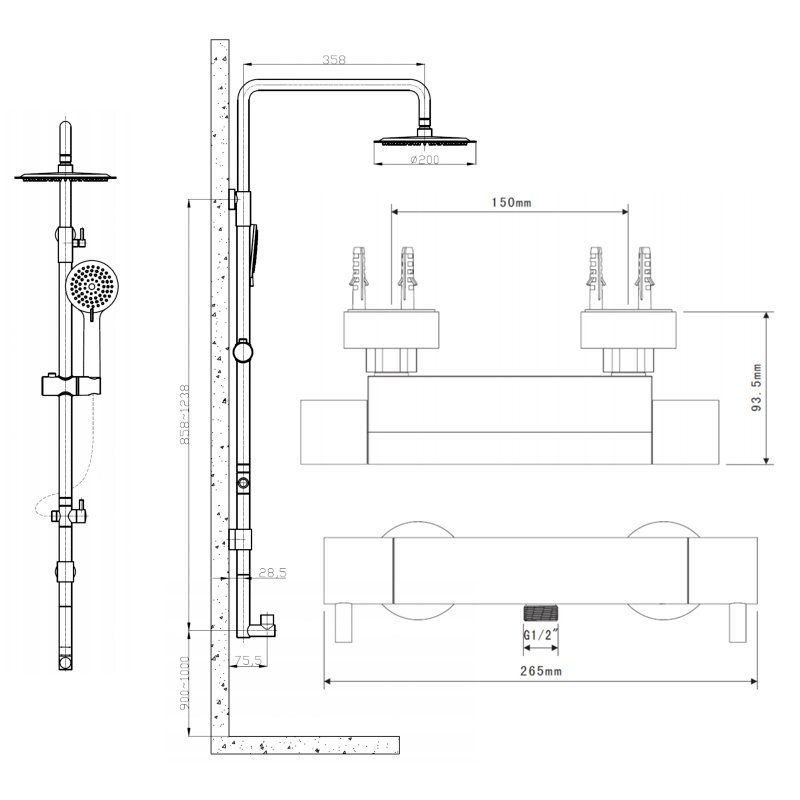 Sagittarius Plaza Bar Shower Mixer with Shower Kit + Fixed Head