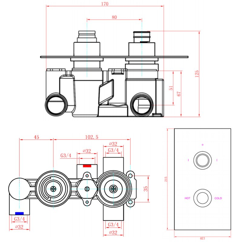 Sagittarius Plaza Concealed Shower Valve with 2-Way Diverter Dual Handle - Chrome  | Dimension Image