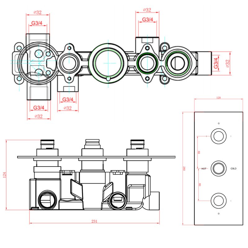 Sagittarius Plaza Concealed Shower Valve with 3-Way Diverter Triple Handle - Chrome