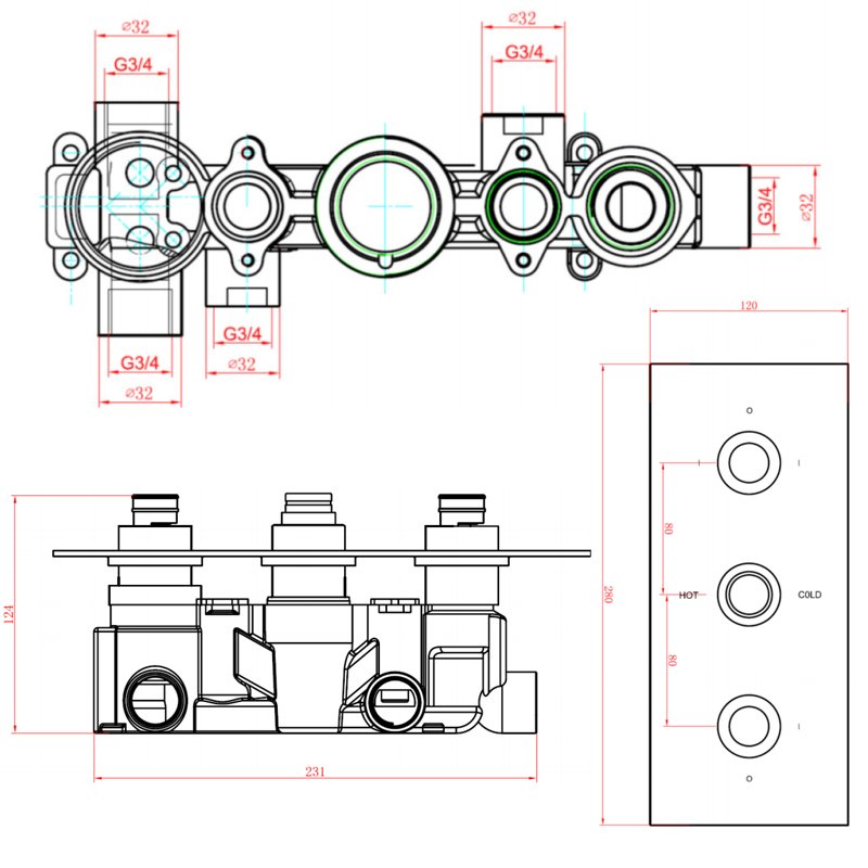 Sagittarius Ravenna Thermostatic Concealed Shower Valve with 3 Way Diverter - Chrome  | Dimension Image