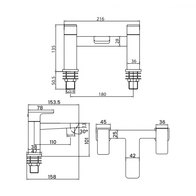 Sagittarius Ravenna Bath Filler Tap Pillar Mounted - Chrome