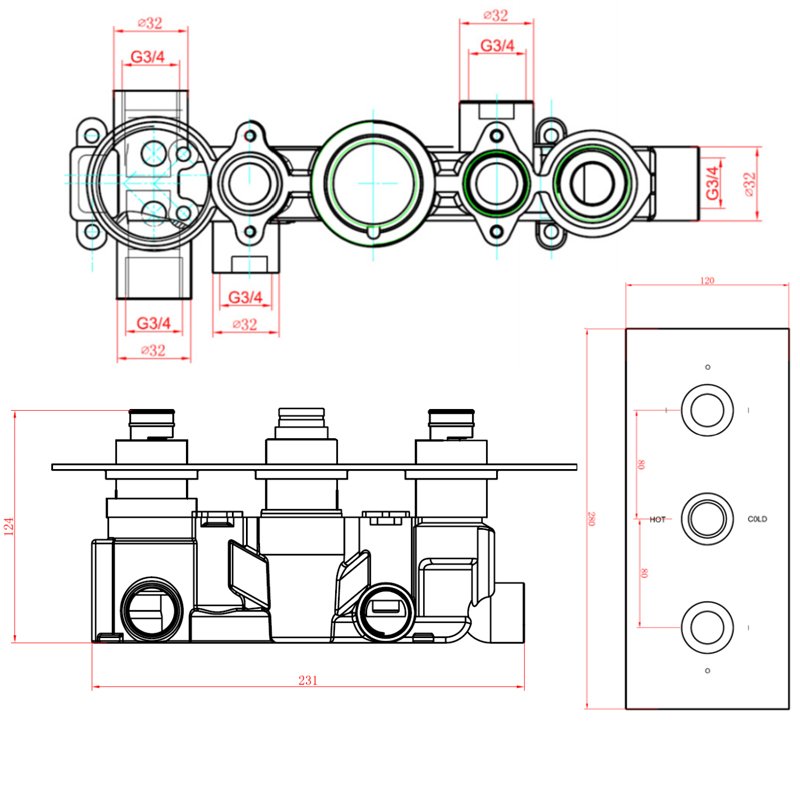 Sagittarius Scala Thermostatic Concealed Shower Valve with 3 Way Diverter - Chrome  | Dimension Image