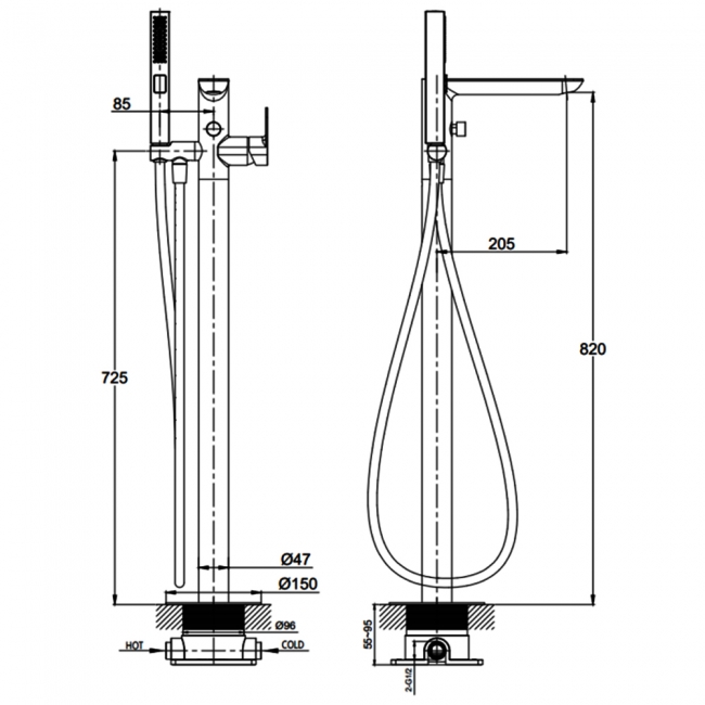 Sagittarius Shero Bath Shower Mixer Tap Freestanding - Chrome  | Dimension Image