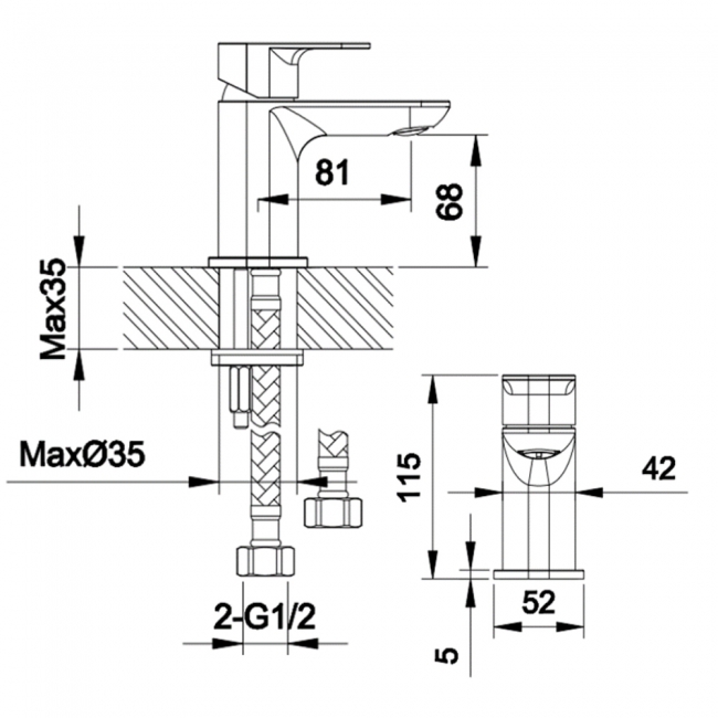Sagittarius Shero Mini Mono Basin Mixer Tap with Sprung Waste - Chrome  | Dimension Image
