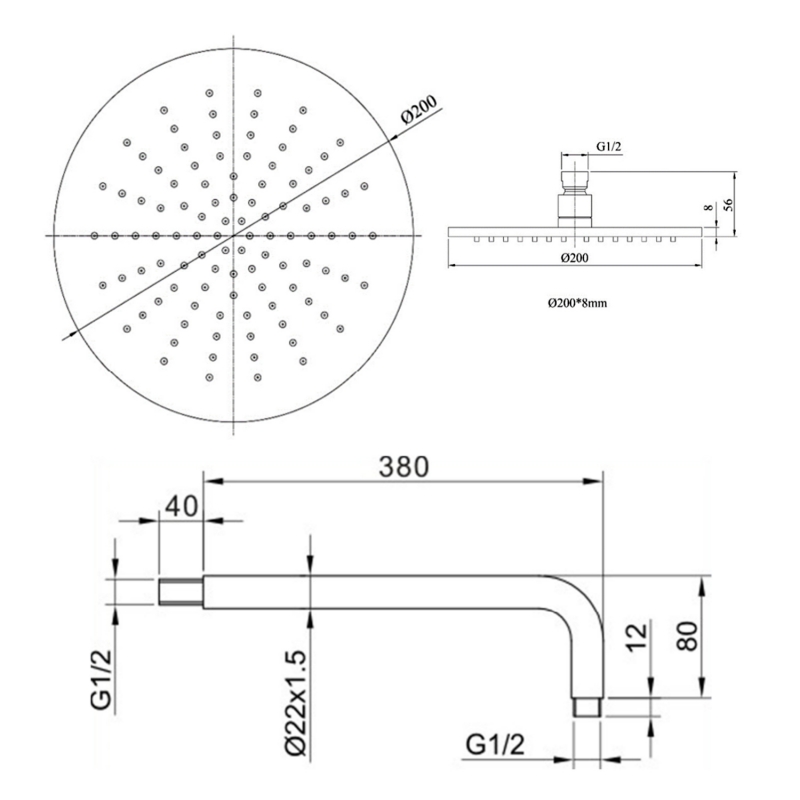 Sagittarius Drench Fixed Shower Head and Arm 200mm Diameter - Chrome