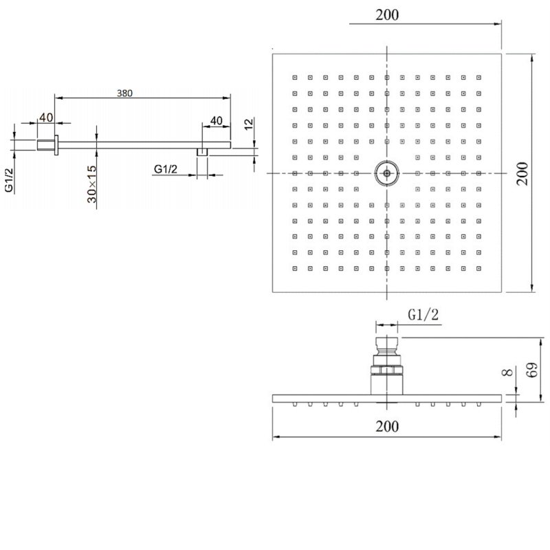 Sagittarius Evolution 200mm x 200mm Shower Head and Arm