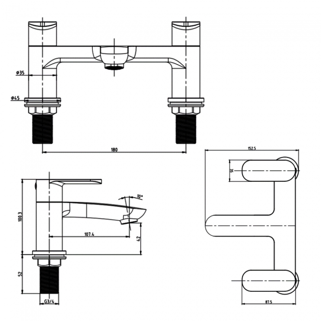 Sagittarius Tame Bath Filler Tap Pillar Mounted - Chrome