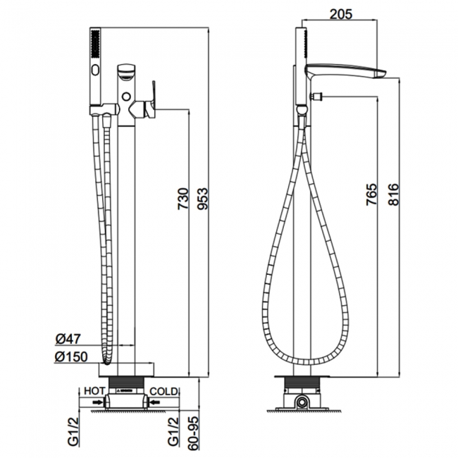 Sagittarius Tame Bath Shower Mixer Tap Freestanding - Chrome  | Dimension Image