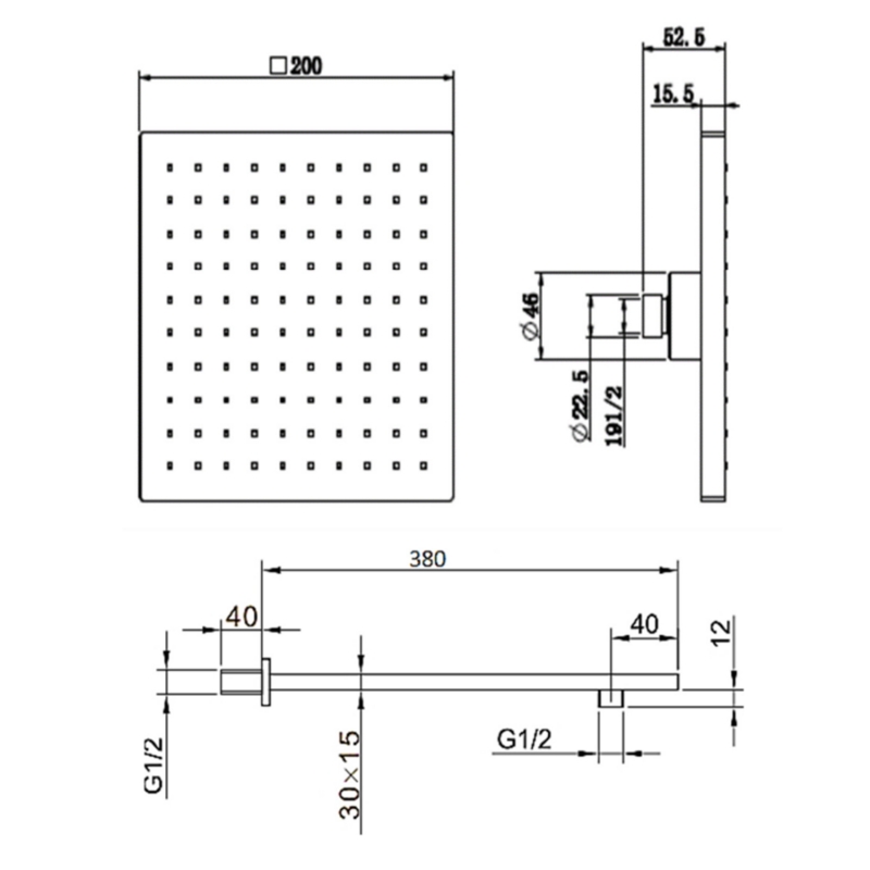 Sagittarius Trieste ABS Fixed Shower Head and Arm 200mm x 200mm Chrome