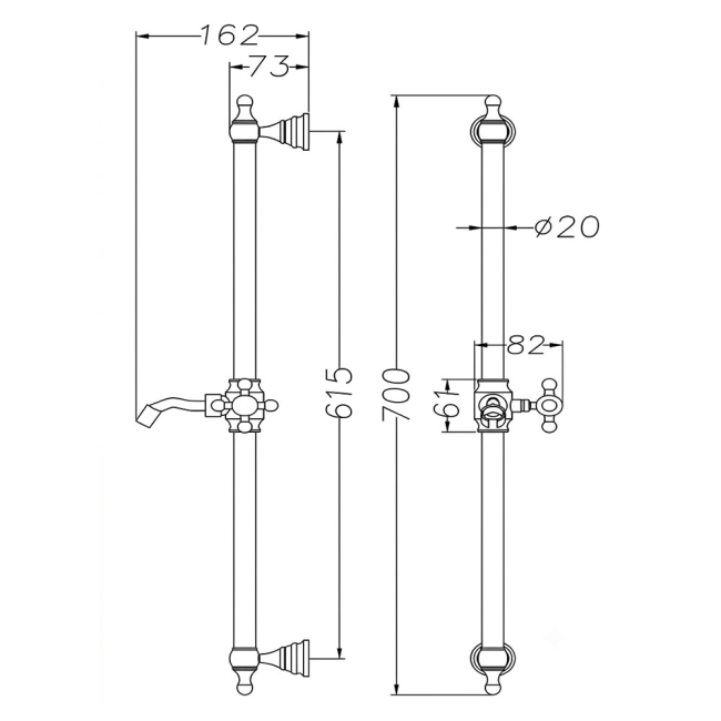 Sagittarius Victoria Shower Slide Rail and Handset Kit - Chrome  | Dimension Image