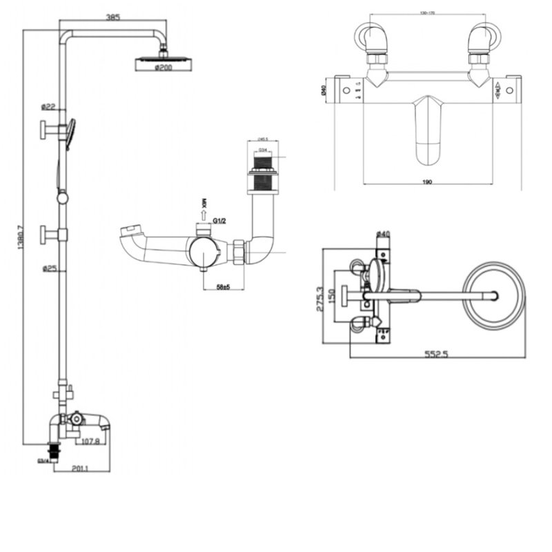 Sagittarius Xanda Thermostatic Bath Shower Mixer with Riser Kit and Fixed Head - Chrome
