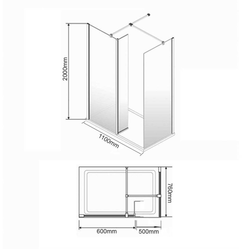 Orbit 10mm WalkIn Enclosure 1100mm x 760mm 10mm WET600+WET760