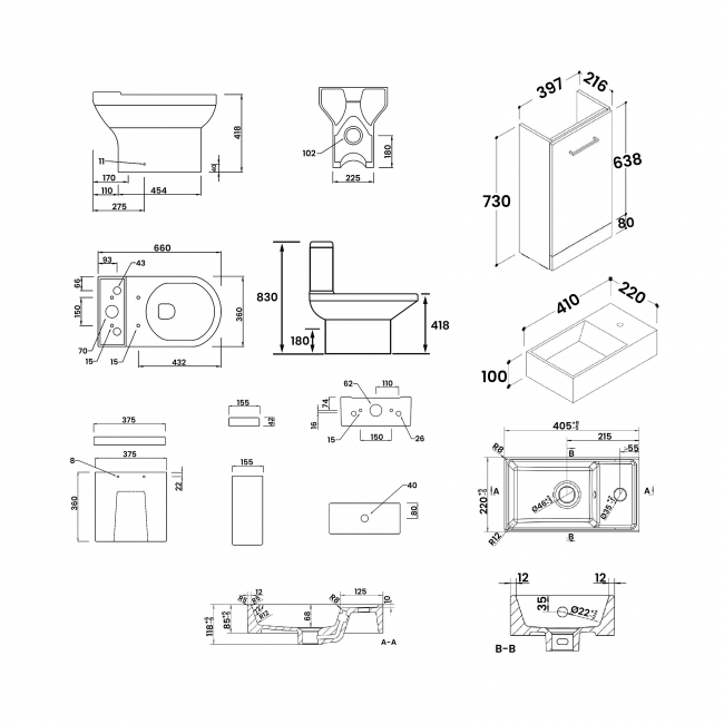 Signature Aalborg Bathroom Suite with Floor Standing Vanity Unit 410mm Wide - Anthracite Gloss