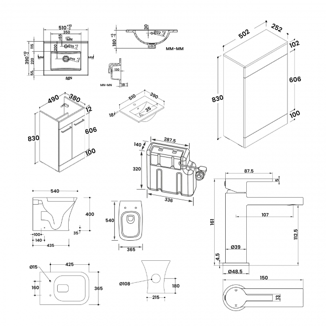 Signature Aalborg Furniture Bathroom Suite with Floor Standing Vanity Unit 510mm Wide - Oak/Brushed Brass