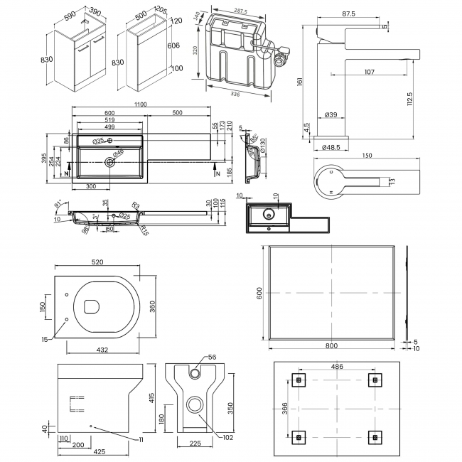 Signature Aalborg Bathroom Suite with LH Combination Unit 1100mm Wide - Oak