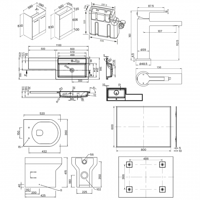 Signature Aalborg Bathroom Suite with RH Combination Unit 1100mm Wide - Oak