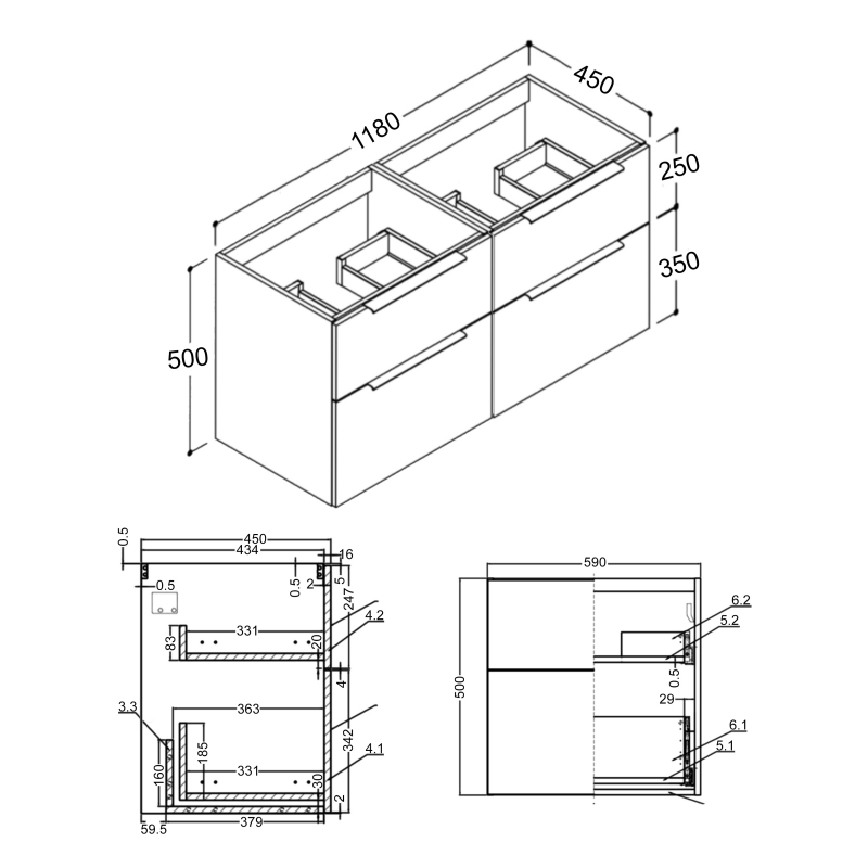 Signature Aalborg Wall Hung 4-Drawer Vanity Unit 1180mm Wide - Oak  | Dimension Image