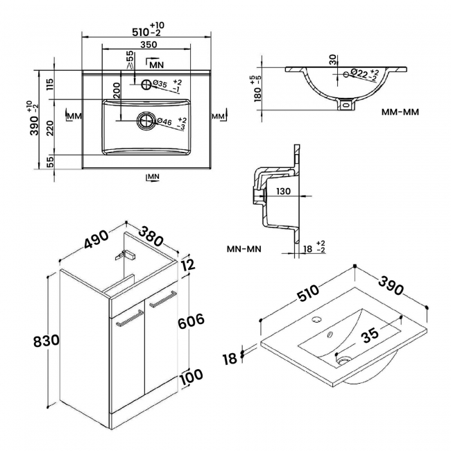 Signature Aalborg Floor Standing 2-Door Vanity Unit with Basin 510mm Wide - Grey Gloss