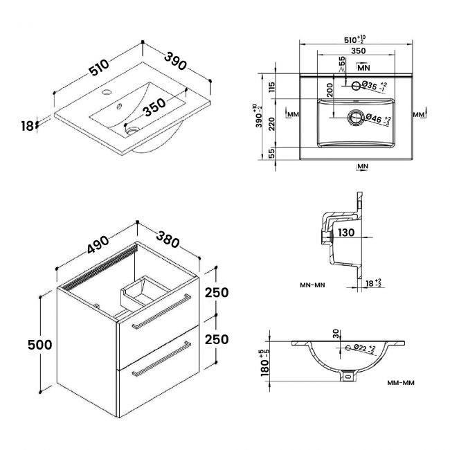 Signature Aalborg Wall Hung 2-Drawer Vanity Unit with Basin 510mm Wide - Anthracite Gloss