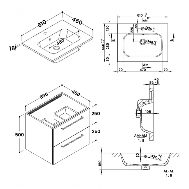Signature Aalborg Wall Hung 2-Drawer Vanity Unit with Basin 610mm Wide - Grey Gloss