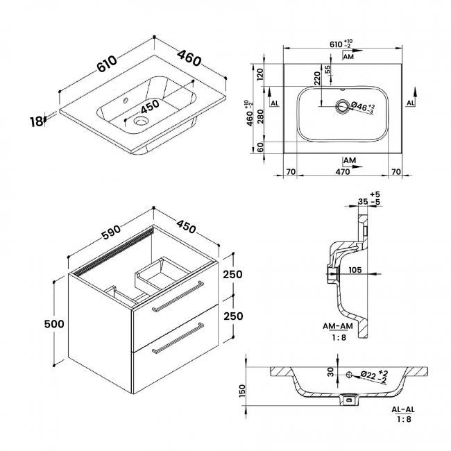 Signature Aalborg Wall Hung 2-Drawer Vanity Unit with Thin Edge Basin 610mm Wide 0TH - Oak  | Dimension Image