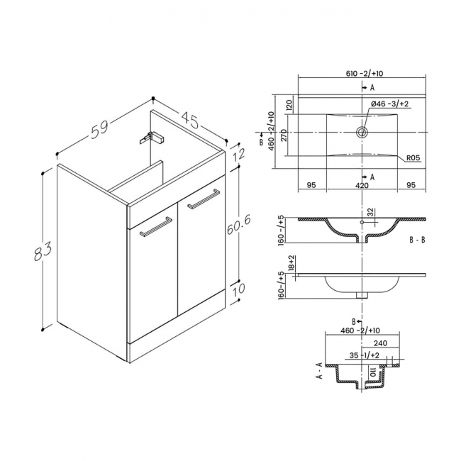 Signature Aalborg Floor Standing 2-Door Vanity Unit with Thin Edge Basin 610mm Wide 0TH - Grey Gloss  | Dimension Image