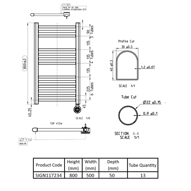 Signature Acclaim Electric Straight Heated Towel Rail 800mm H x 500mm W - Chrome  | Dimension Image