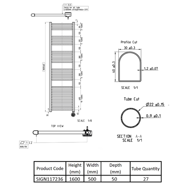 Signature Acclaim Electric Straight Heated Towel Rail 1600mm H x 500mm W - Chrome  | Dimension Image