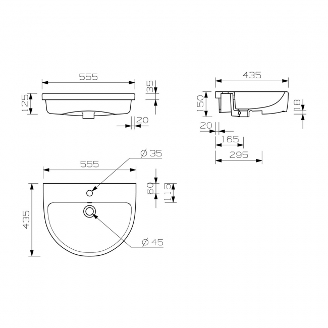 Signature Achilles Semi-Recessed Basin 555mm Wide - 1 Tap Hole