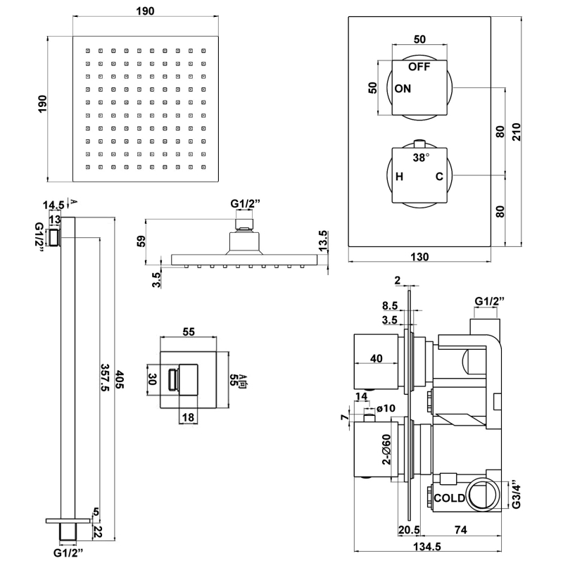 Signature Advance Thermostatic Square Dual Concealed Mixer Shower with Fixed Shower Head - Chrome