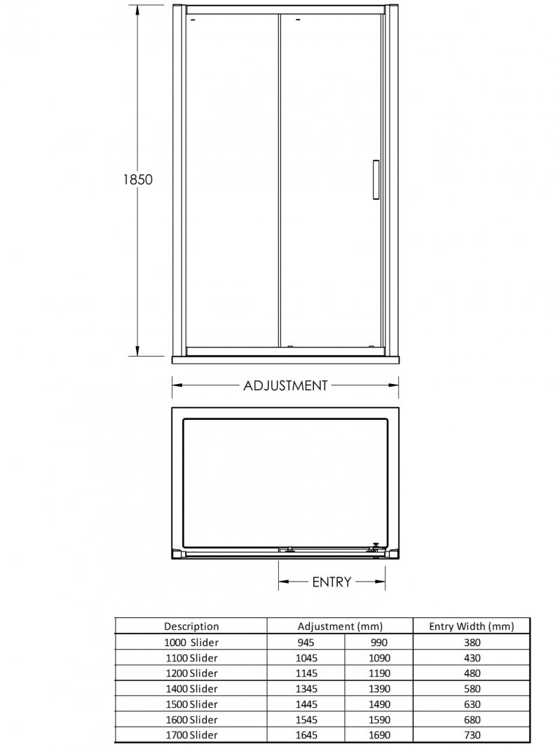 Advantage Sliding Shower Door with Handle 1700mm Wide - 6mm Glass