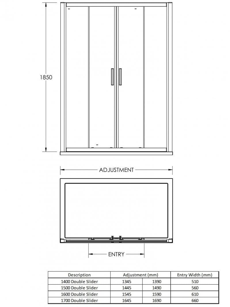 Advantage Double Sliding Shower Door with Handles 1400mm Wide - 6mm Glass