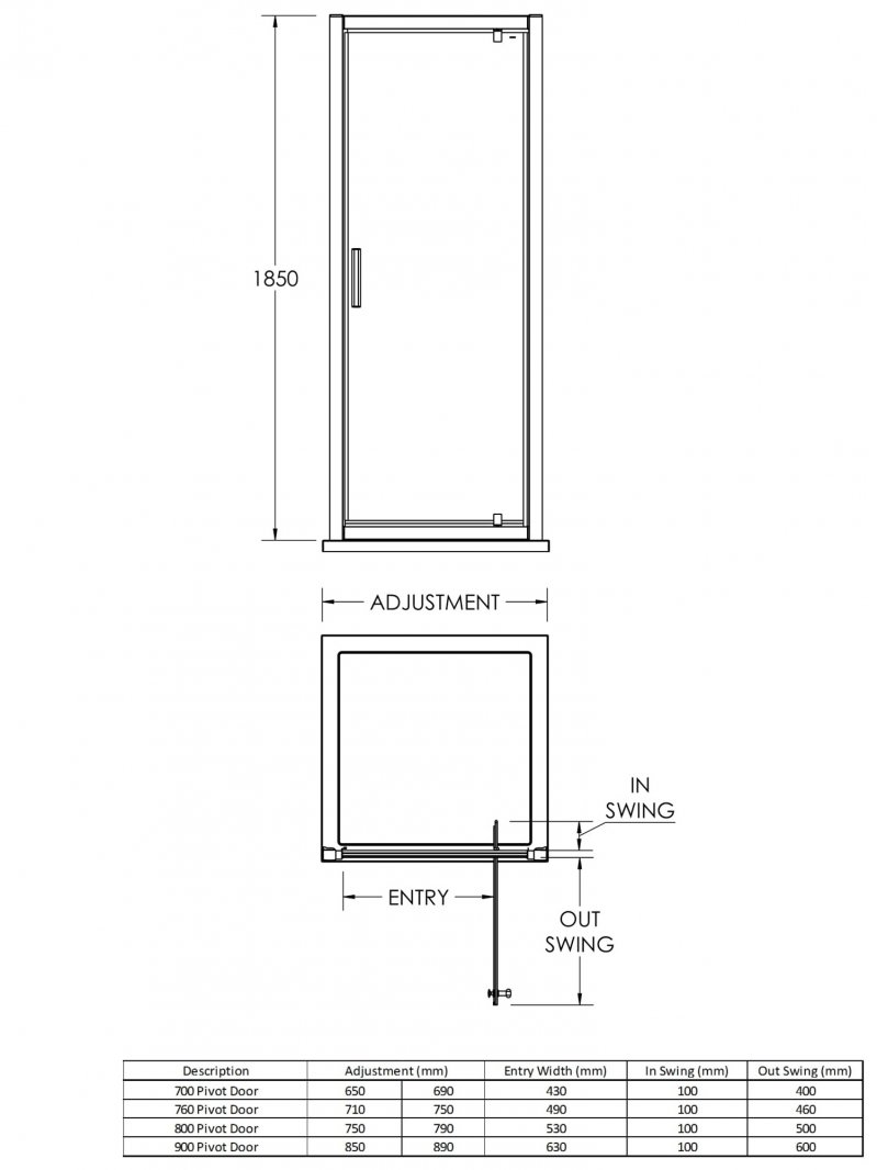 Advantage Pivot Shower Door with Handle 900mm Wide - 6mm Glass