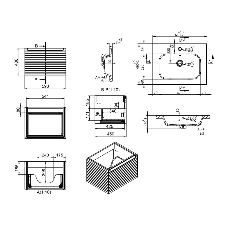 Signature Marshal Wall Hung 1-Drawer Vanity Unit with Basin 615mm Wide - Matt Mineral Grey