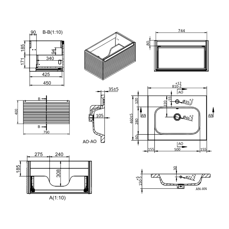 Signature Marshal Wall Hung 1-Drawer Vanity Unit with Basin 815mm Wide - Matt Mineral Grey