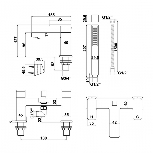 Signature Alpha Bath Shower Mixer Tap with Shower Kit and Bracket - Chrome