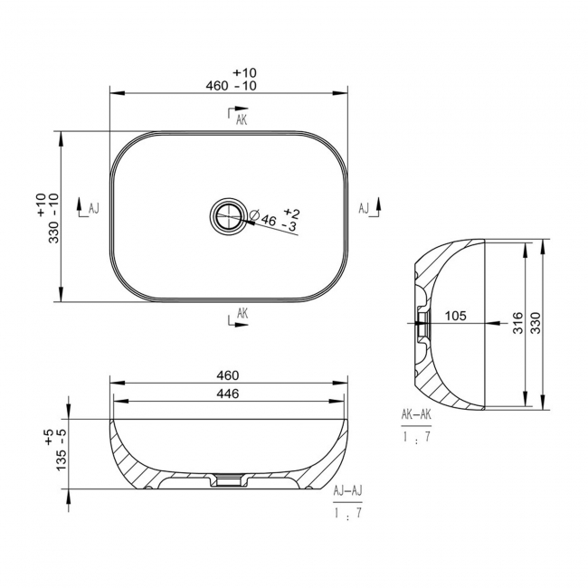 Signature Angelica Countertop Basin with Unslotted Waste 460mm Wide 0 Tap Hole - Grey Marble