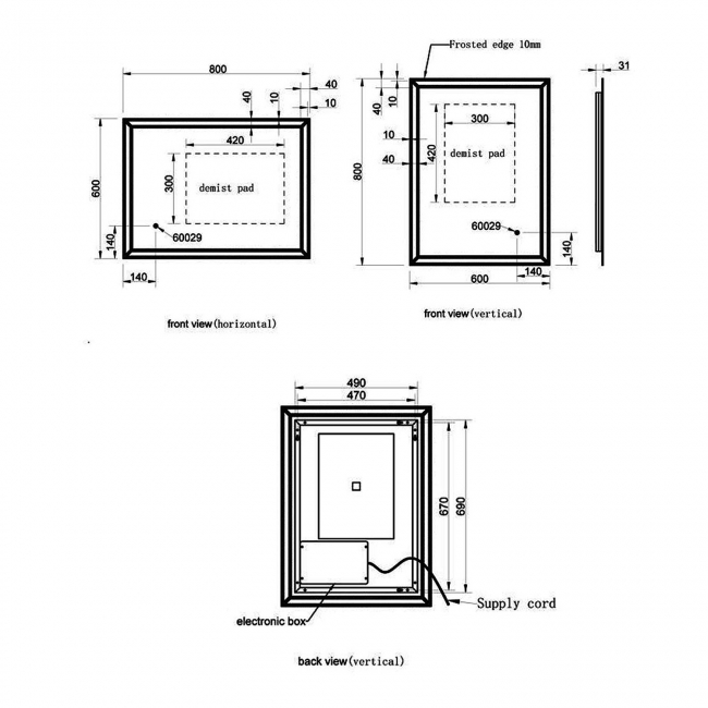 Signature Antonio LED Bathroom Mirror with Demister Pad 600mm H x 800mm W  | Dimension Image