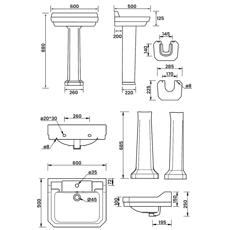 Signature Aphrodite Basin and Full Pedestal 600mm Wide - 1 Tap Hole